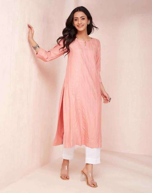 Pink Viscose Silk Calf Length Long Kurta Pink Viscose Silk Calf Length Long Kurta