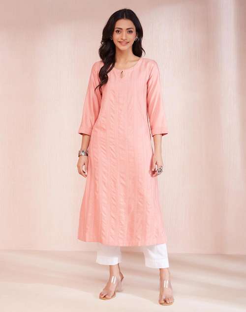 Pink Viscose Silk Calf Length Long Kurta Pink Viscose Silk Calf Length Long Kurta