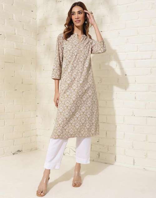Beige Cotton Printed Long Kurta Beige Cotton Printed Long Kurta