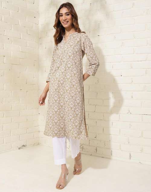 Beige Cotton Printed Long Kurta Beige Cotton Printed Long Kurta