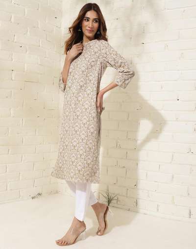 Beige Cotton Printed Long Kurta Beige Cotton Printed Long Kurta