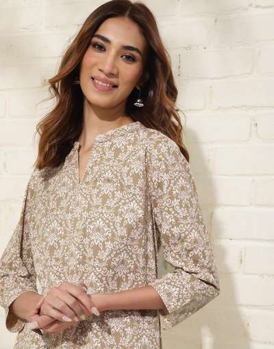 Beige Cotton Printed Long Kurta Beige Cotton Printed Long Kurta