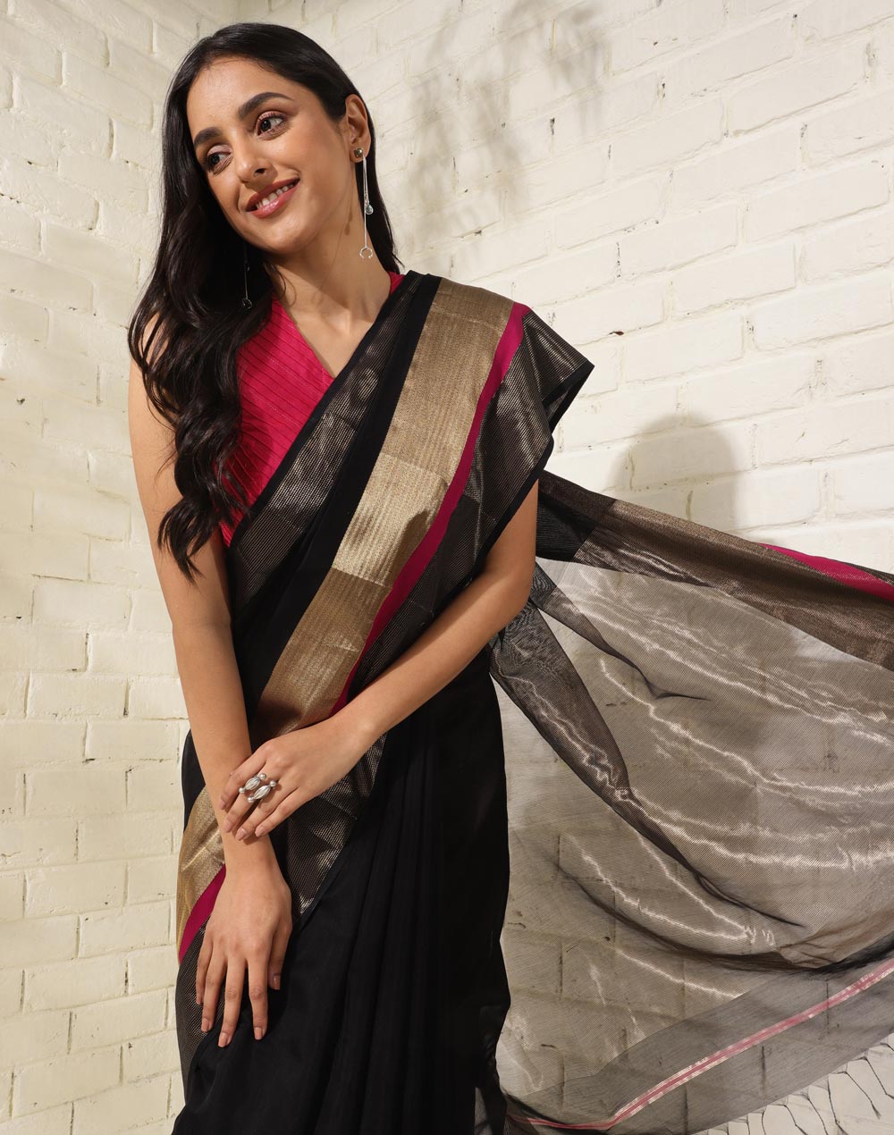 Made to Order Indian Black Blended Raw Silk Sleeveless Boat Neck Saree  Lehenga Blouse With Bow 