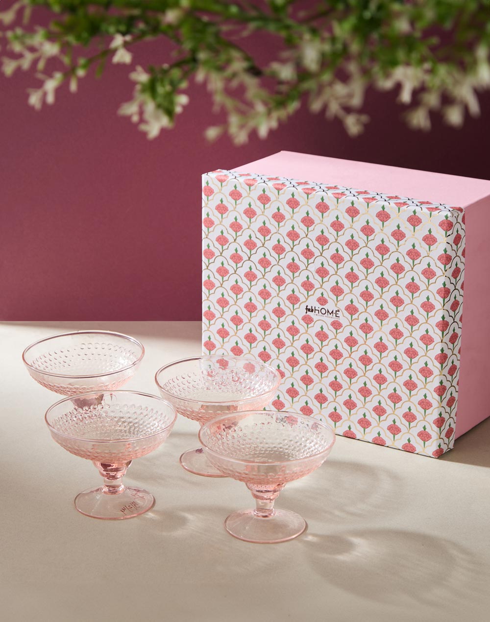 Pink Glass Taraash Dessert Bowl - Set of 4 Pink Glass Taraash Dessert Bowl - Set of 4