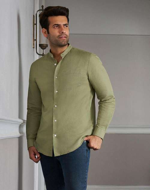 Green Linen Blend Slim Fit Shirt Green Linen Blend Slim Fit Shirt