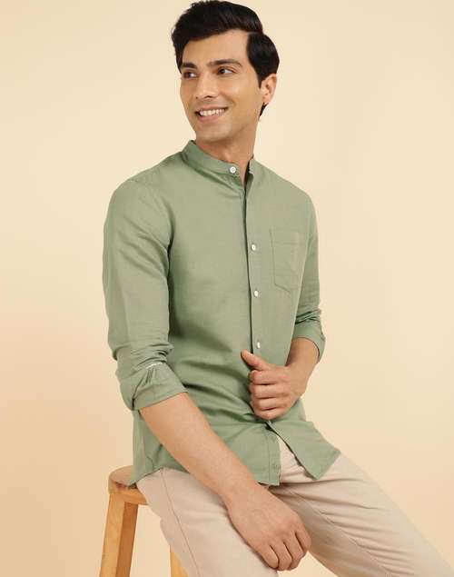 Green Linen Blend Slim Fit Shirt Green Linen Blend Slim Fit Shirt