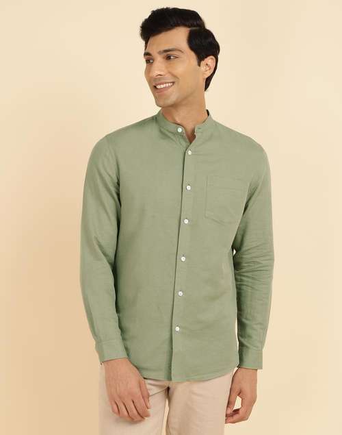 Green Linen Blend Slim Fit Shirt Green Linen Blend Slim Fit Shirt