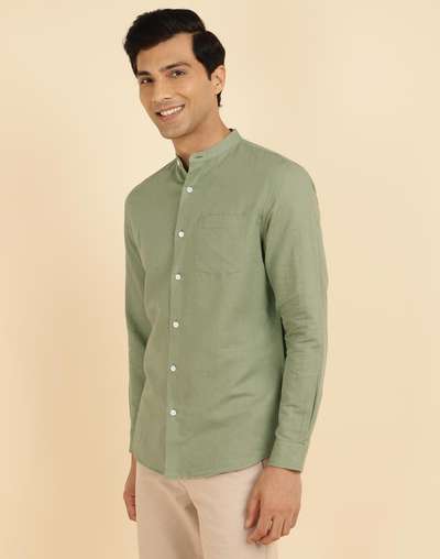 Green Linen Blend Slim Fit Shirt Green Linen Blend Slim Fit Shirt