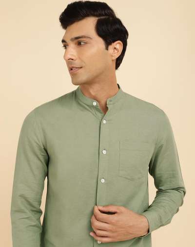 Green Linen Blend Slim Fit Shirt Green Linen Blend Slim Fit Shirt