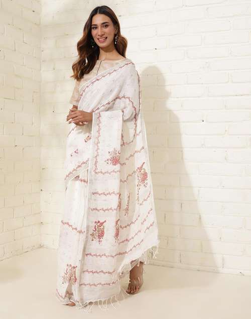 Buy Natural Linen Blend Hand Block Printed Sari for Women Online at ...