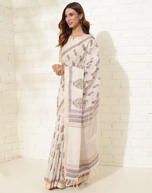 Buy Natural Cotton Blend Hand Block Printed Sari for Women Online at ...