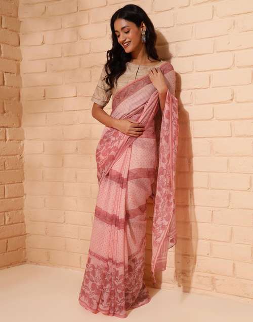 Buy Orange Cotton Silk Hand Block Printed Sari for Women Online at ...