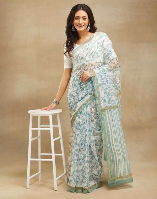 Light Blue Cotton Silk Hand Block Printed Sari Saree For Women