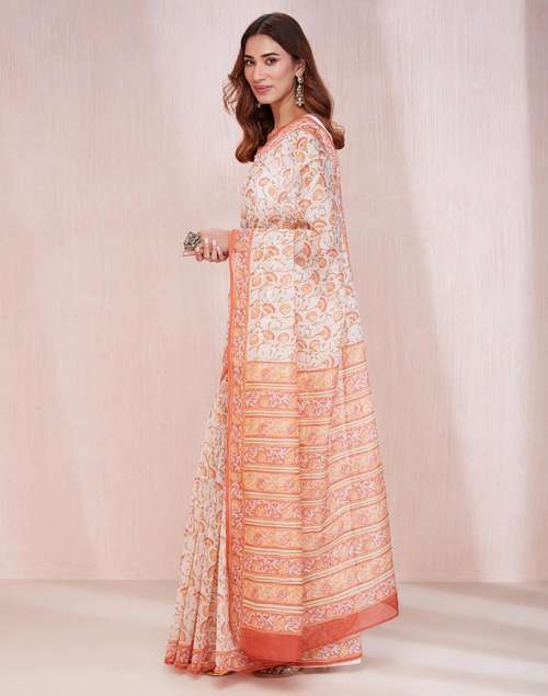 Buy Orange Cotton Silk Hand Block Printed Sari for Women Online at ...