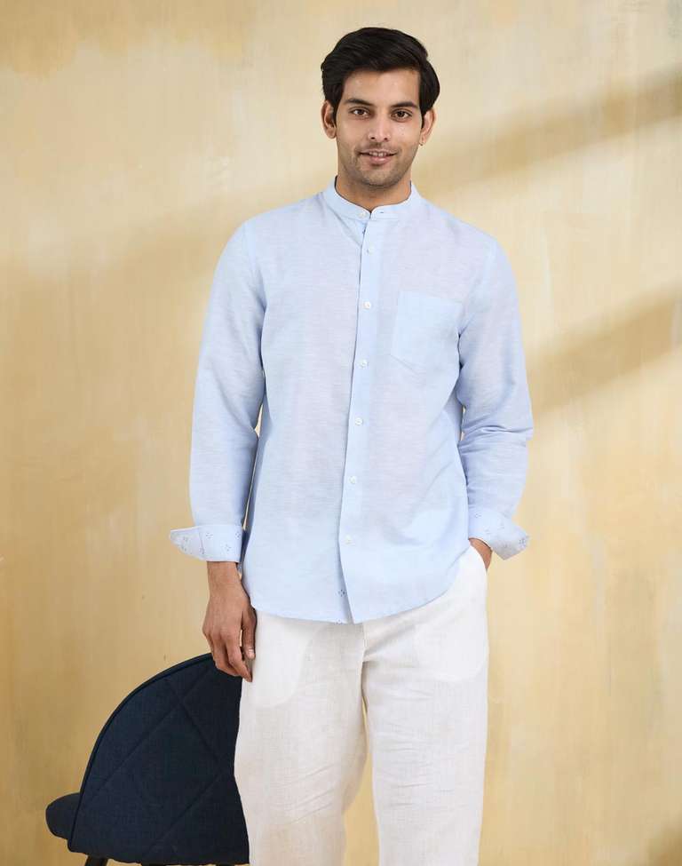 Light Blue Linen Blend Slim Fit Shirt