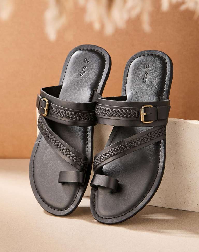 Black Leather Chappal For Men Kraasa Men Men Synthetic Leather