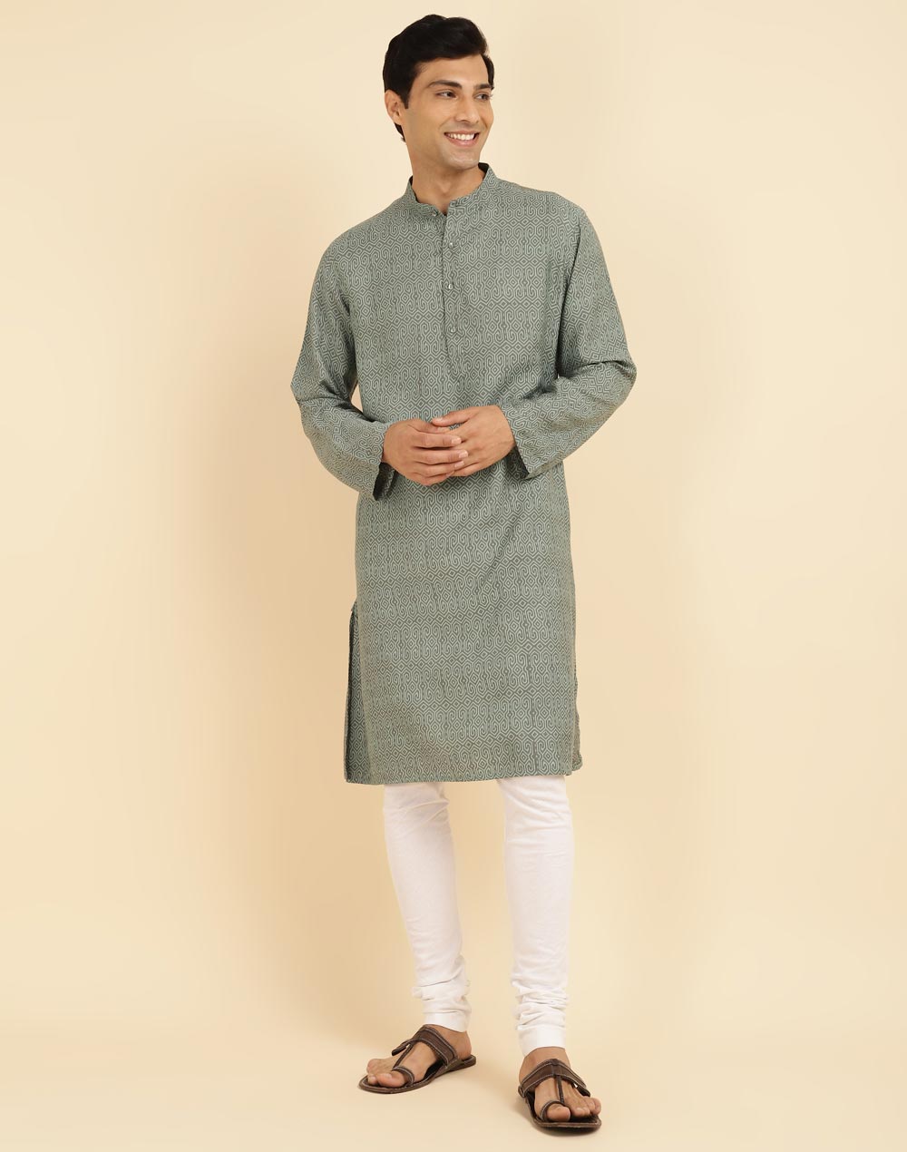 Green Viscose Silk Hand Block Printed Long Kurta Green Viscose Silk Hand Block Printed Long Kurta