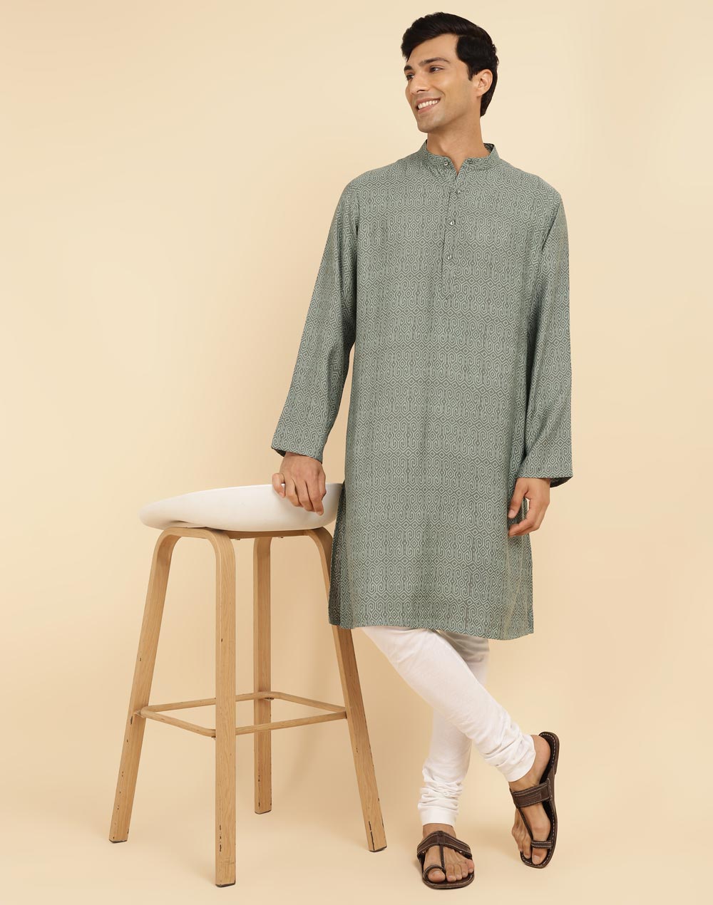 Green Viscose Silk Hand Block Printed Long Kurta Green Viscose Silk Hand Block Printed Long Kurta