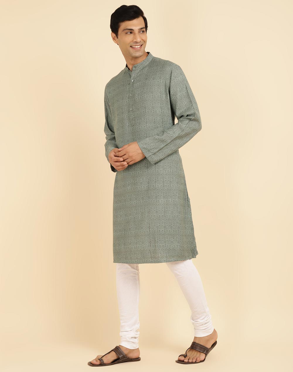 Green Viscose Silk Hand Block Printed Long Kurta Green Viscose Silk Hand Block Printed Long Kurta