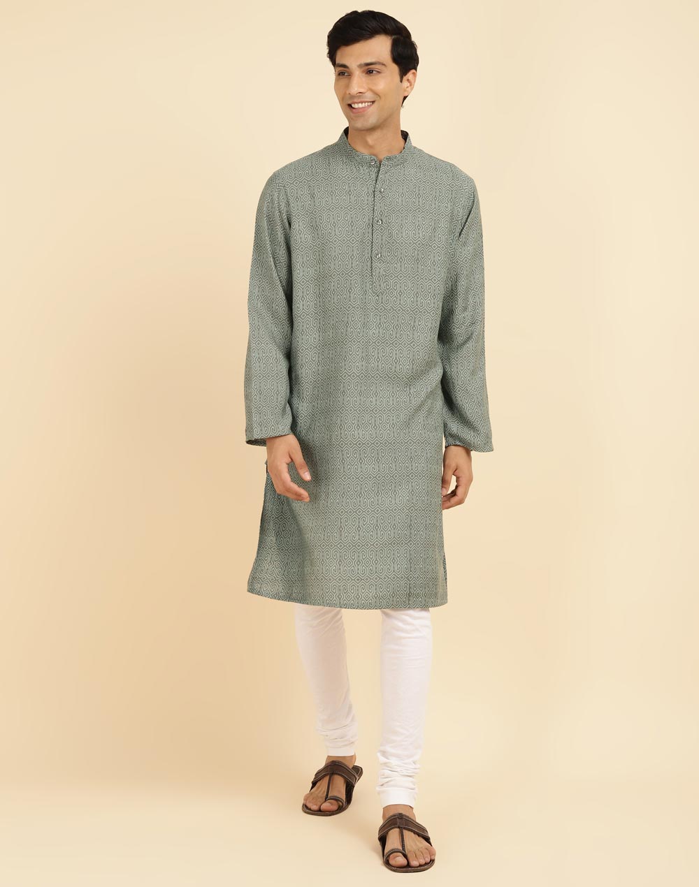 Green Viscose Silk Hand Block Printed Long Kurta Green Viscose Silk Hand Block Printed Long Kurta