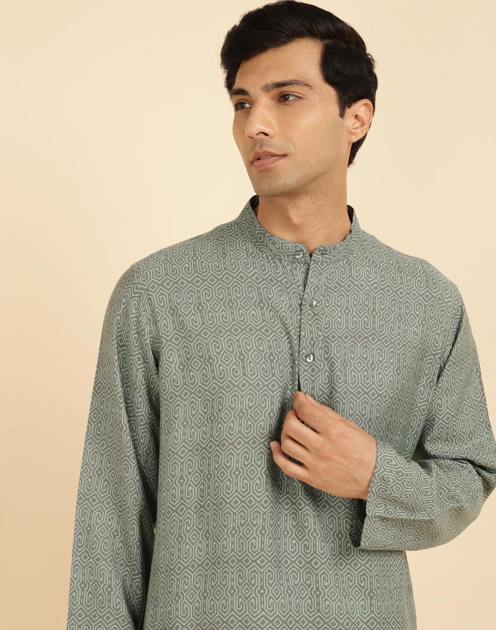 Green Viscose Silk Hand Block Printed Long Kurta Green Viscose Silk Hand Block Printed Long Kurta