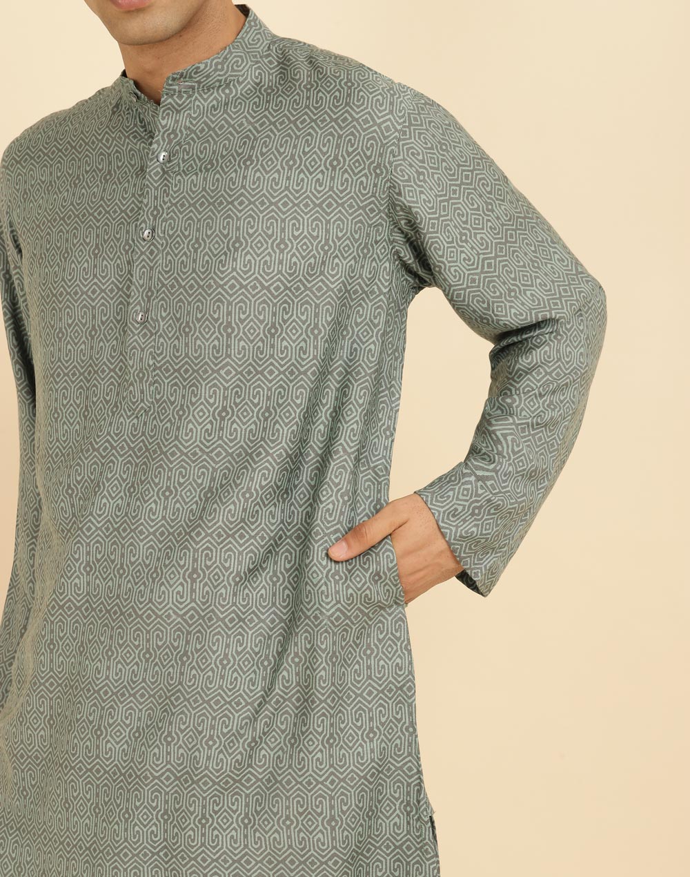 Green Viscose Silk Hand Block Printed Long Kurta Green Viscose Silk Hand Block Printed Long Kurta