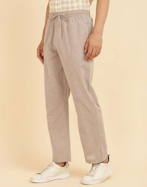 Beige Cotton Woven Drawstring Pants Beige Cotton Woven Drawstring Pants