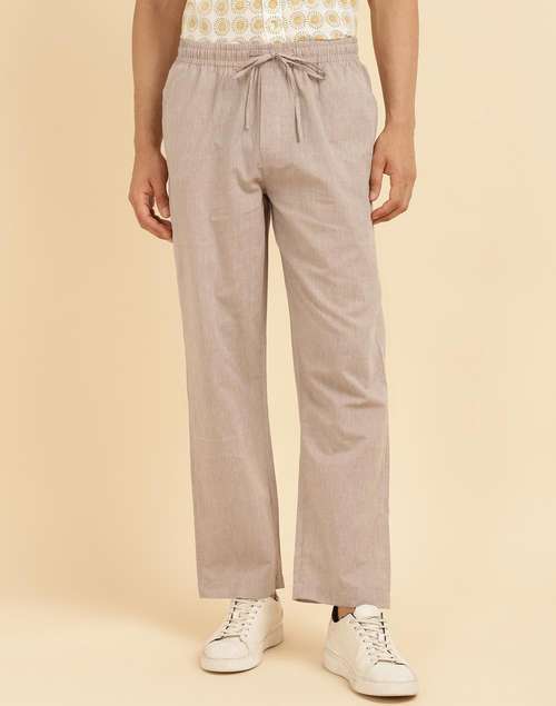 Beige Cotton Woven Drawstring Pants Beige Cotton Woven Drawstring Pants