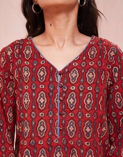 Maroon Cotton Ajrakh Printed Knee Length Kurta Maroon Cotton Ajrakh Printed Knee Length Kurta