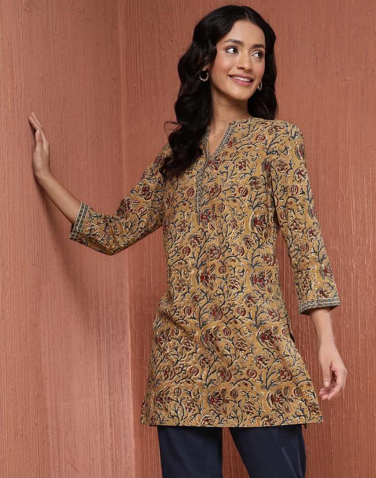 Buy Mustard Cotton Kalamkari Printed Short Kurta for Women Online