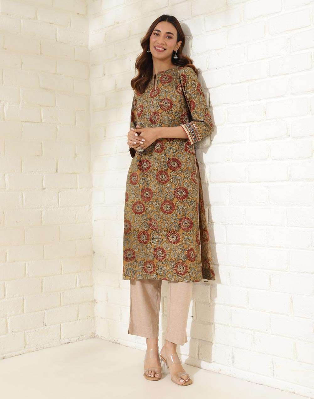 Dress Fabindia Kurtis On Sale Buy Mustard Cotton Kalamkari Printed