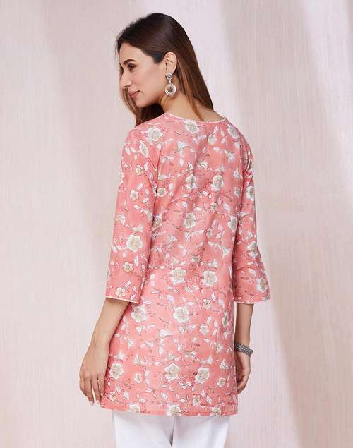 Pink Cotton Hand Block Printed Slim Fit Short Kurta Pink Cotton Hand Block Printed Slim Fit Short Kurta
