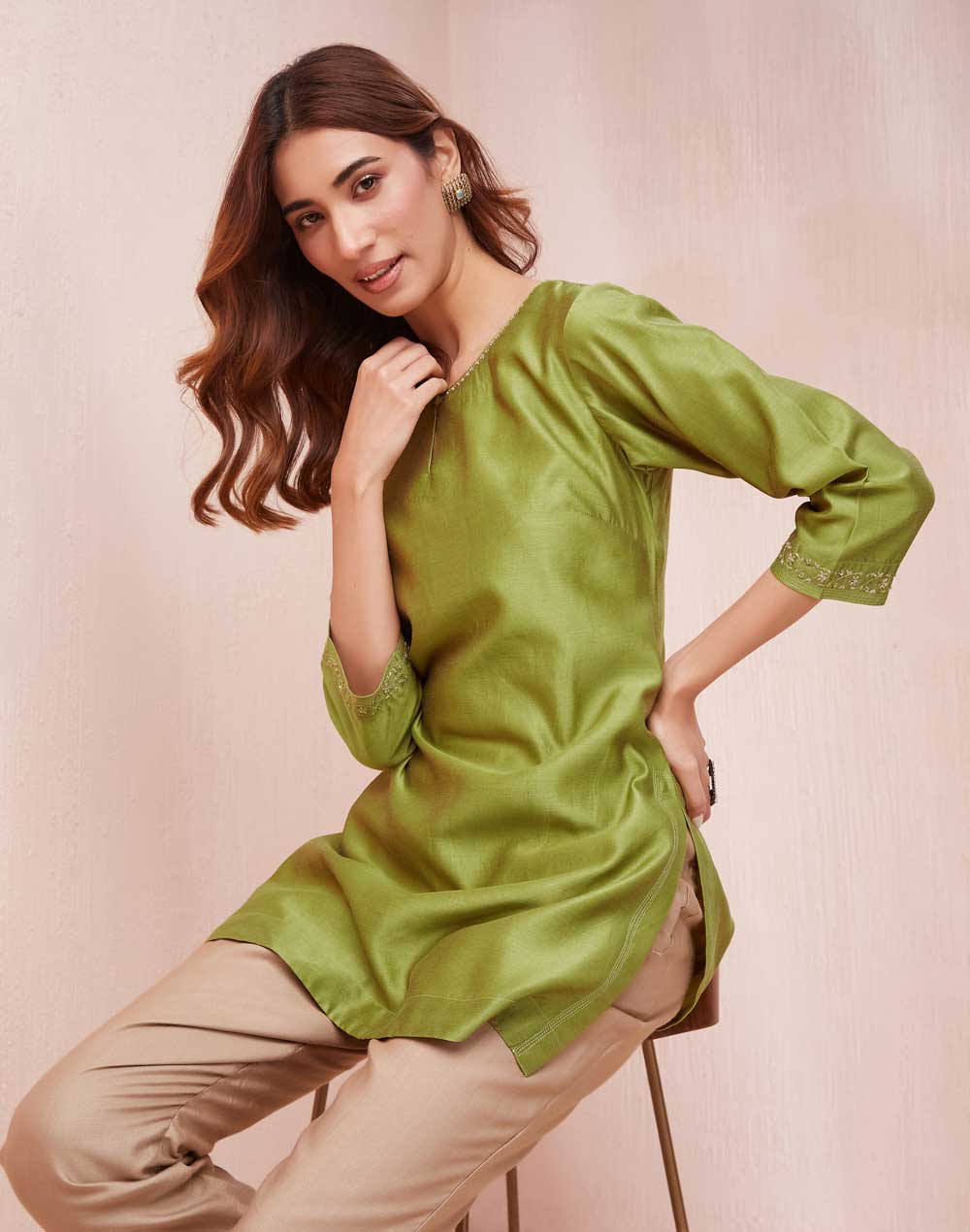 Buy Green Cotton Silk Embroidered Slim Fit Short Kurta for Women