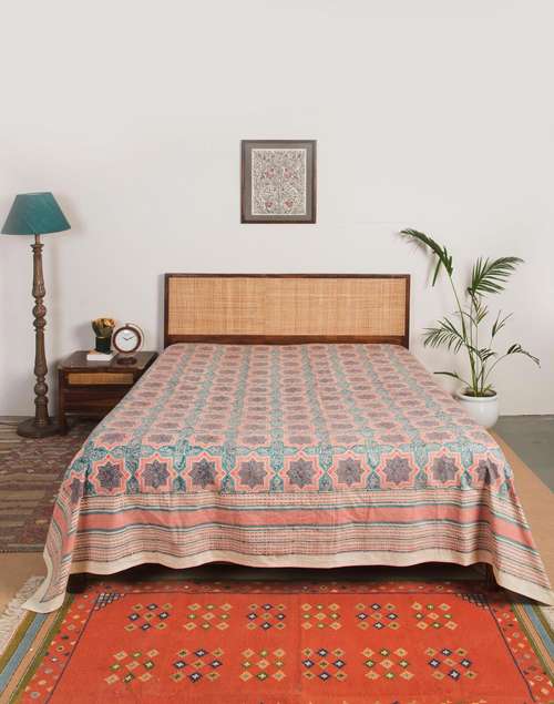 Teal Tastir Cotton Hand Block Printed Bed Cover Teal Tastir Cotton Hand Block Printed Bed Cover