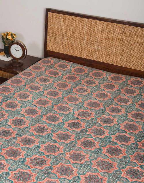 Teal Tastir Cotton Hand Block Printed Bed Cover Teal Tastir Cotton Hand Block Printed Bed Cover