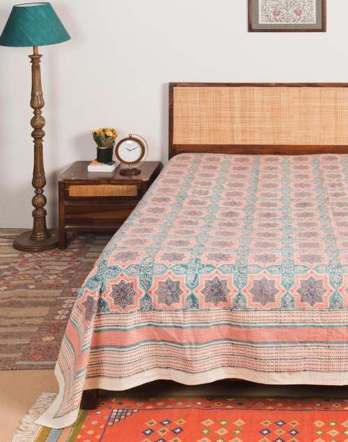 Teal Tastir Cotton Hand Block Printed Bed Cover Teal Tastir Cotton Hand Block Printed Bed Cover