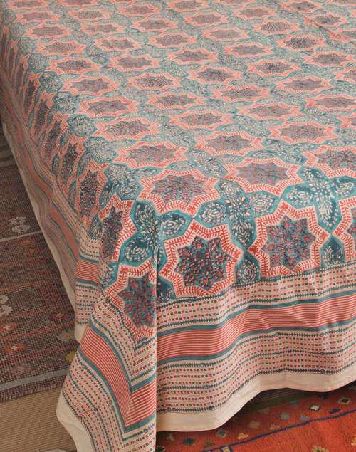 Teal Tastir Cotton Hand Block Printed Bed Cover Teal Tastir Cotton Hand Block Printed Bed Cover