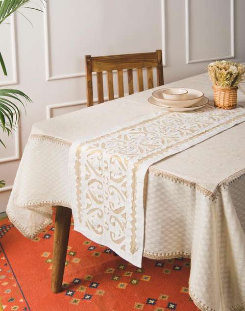 White Cotton Blend Embroidered Nira Runner-Large White Cotton Blend Embroidered Nira Runner-Large