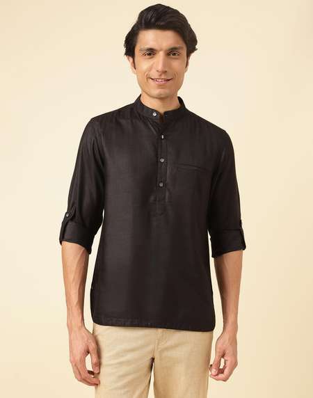 Black Viscose Silk Slim Fit Mid Placket Shirt