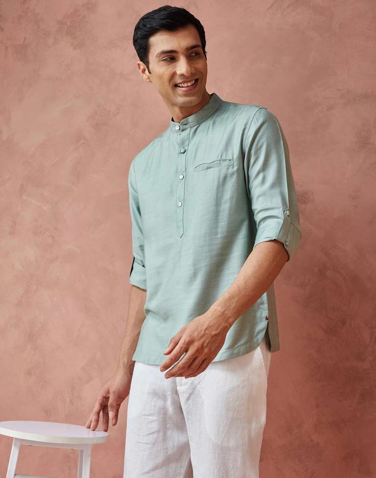 Green Viscose Silk Slim Fit Mid Placket Shirt