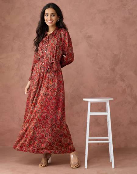 Buy Red Rayon Blend Ajrakh Printed Maxi for Women Online at