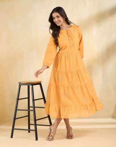 fabindia maxi dresses Fabindia Dress Womens Size Blue Embroidered 3/4 Sleeve Maxi Cotton Boho