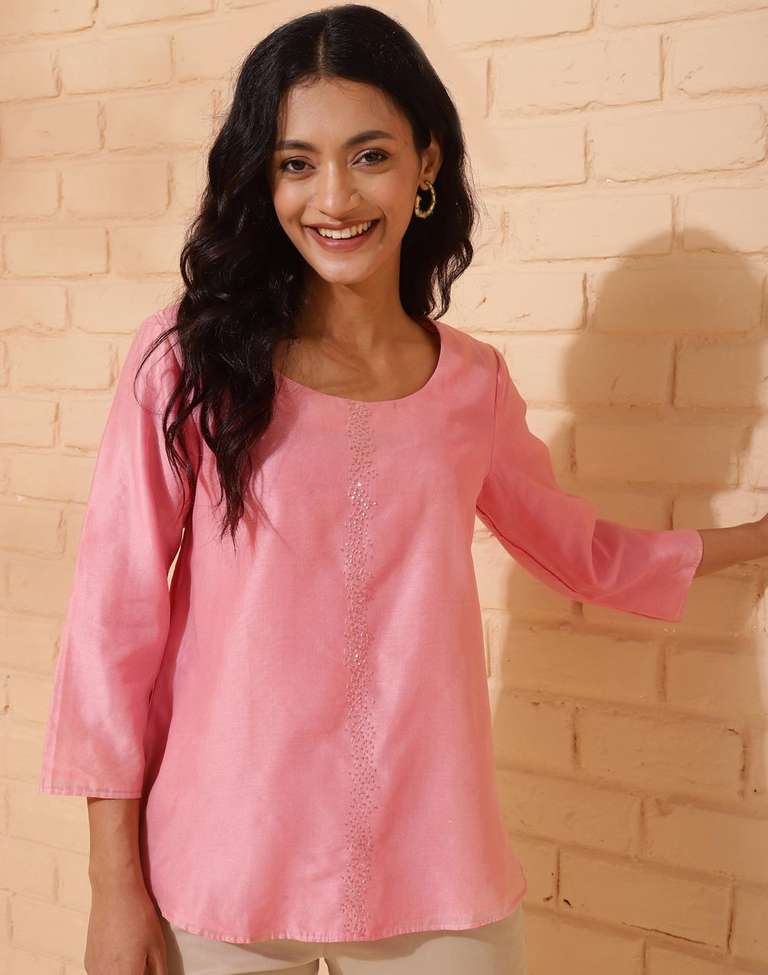 Pink Cotton Silk Embroidered Top