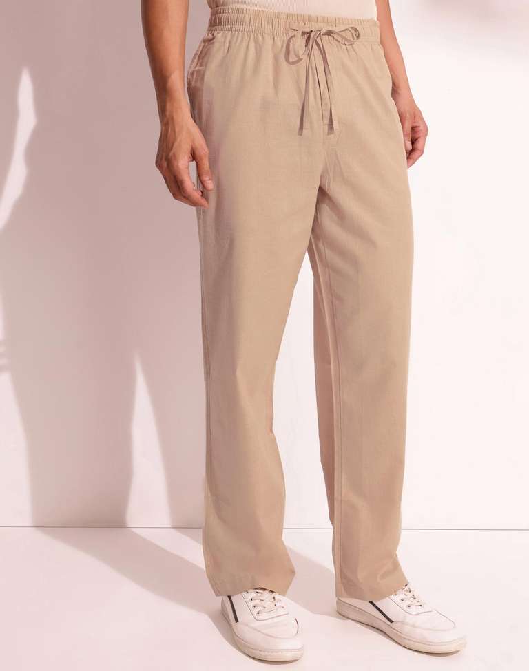 Buy Beige Cotton Comfort Fit Drawstring Pants for Men Online at