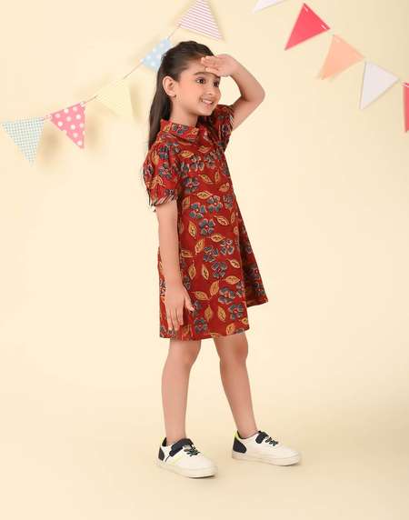 Red Cotton Kalamkari Printed Dress - Main Image