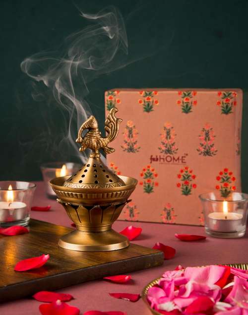 Gold Mehnoor Metal Peacock Fumer Gift Set Gold Mehnoor Metal Peacock Fumer Gift Set