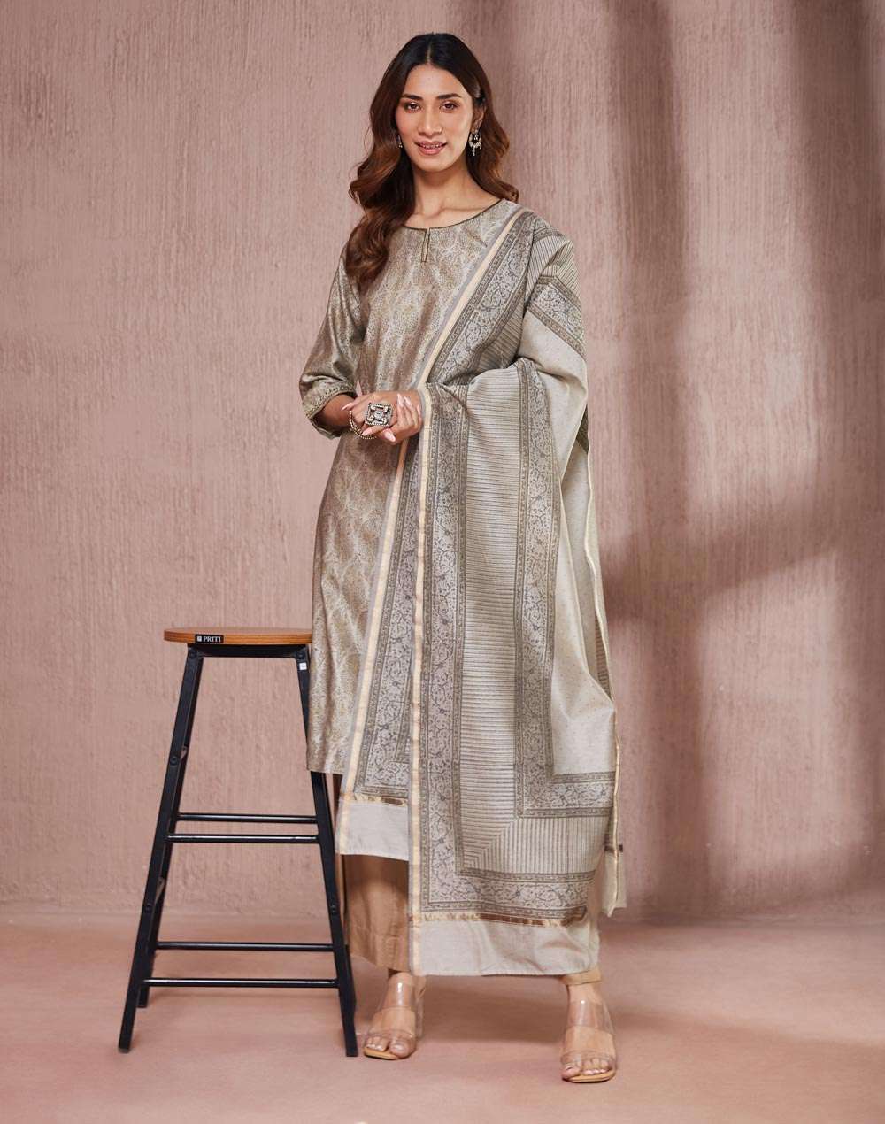 Buy Grey Cotton Silk Hand Block Printed Dupatta Kurta Set for