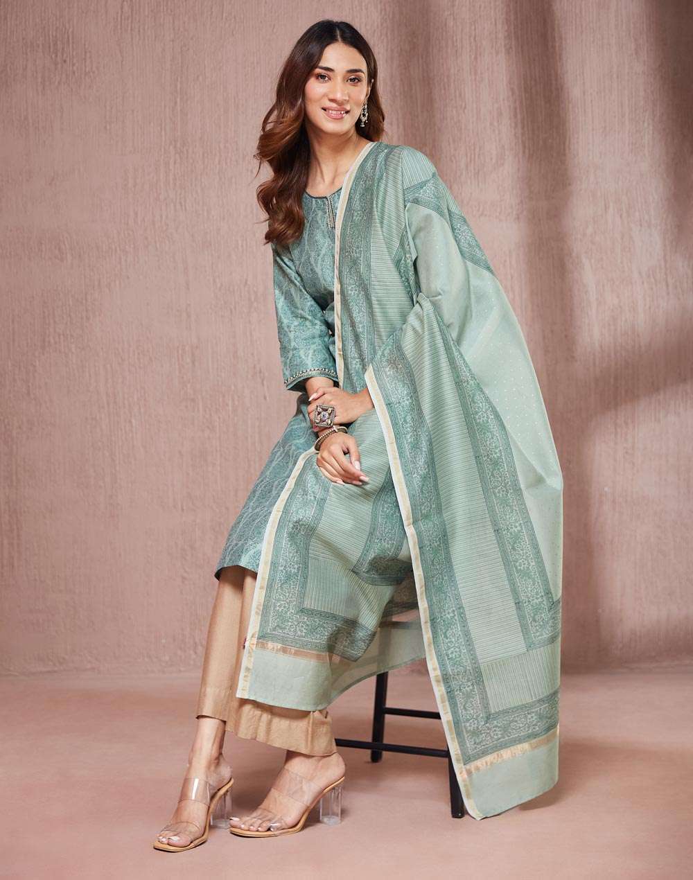 Buy Green Cotton Silk Hand Block Printed Dupatta Kurta Set for