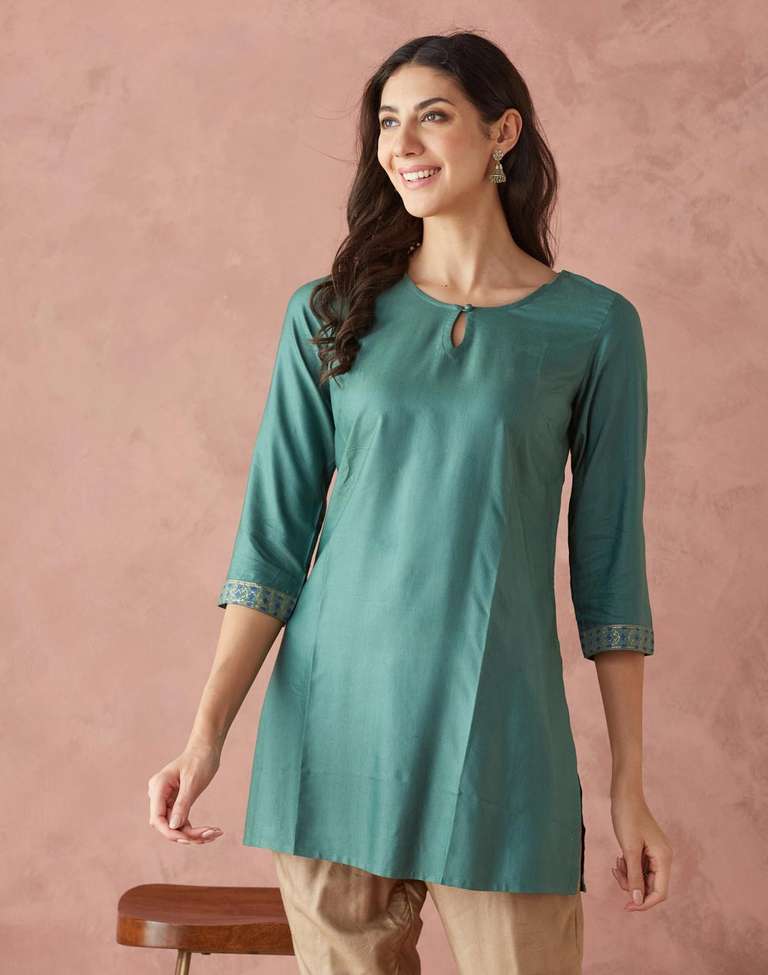 Buy Turquoise Viscose Silk Slim Fit Short Kurta for Women Online