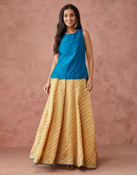 Buy Blue Cotton Silk Hand Block Printed Choli Skirt for Women